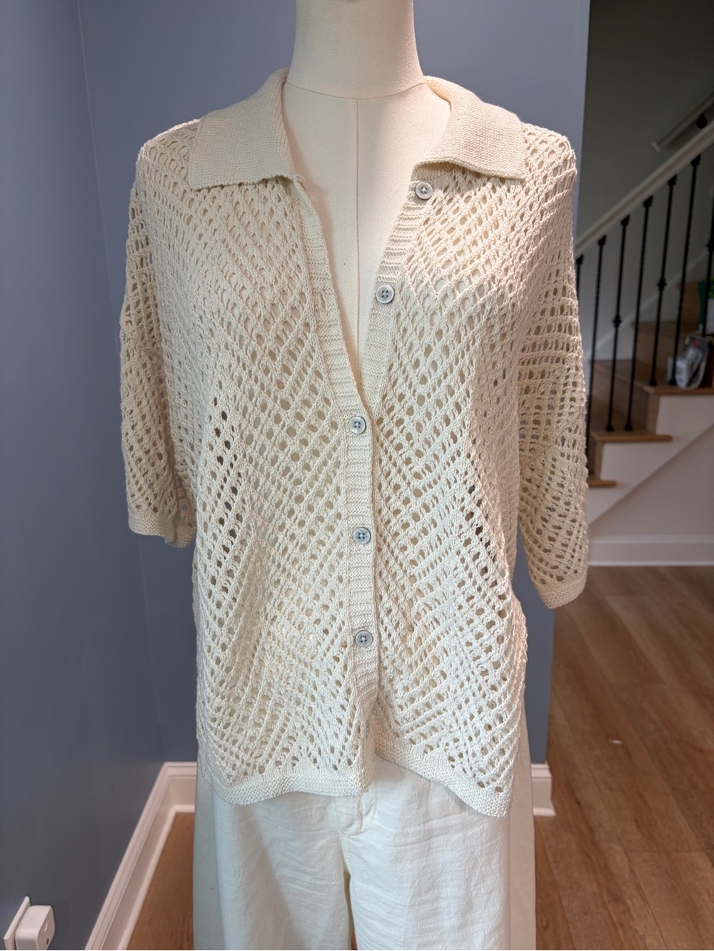Wild Fable Cream Crochet Button Front Collared Cardigan Top Medium